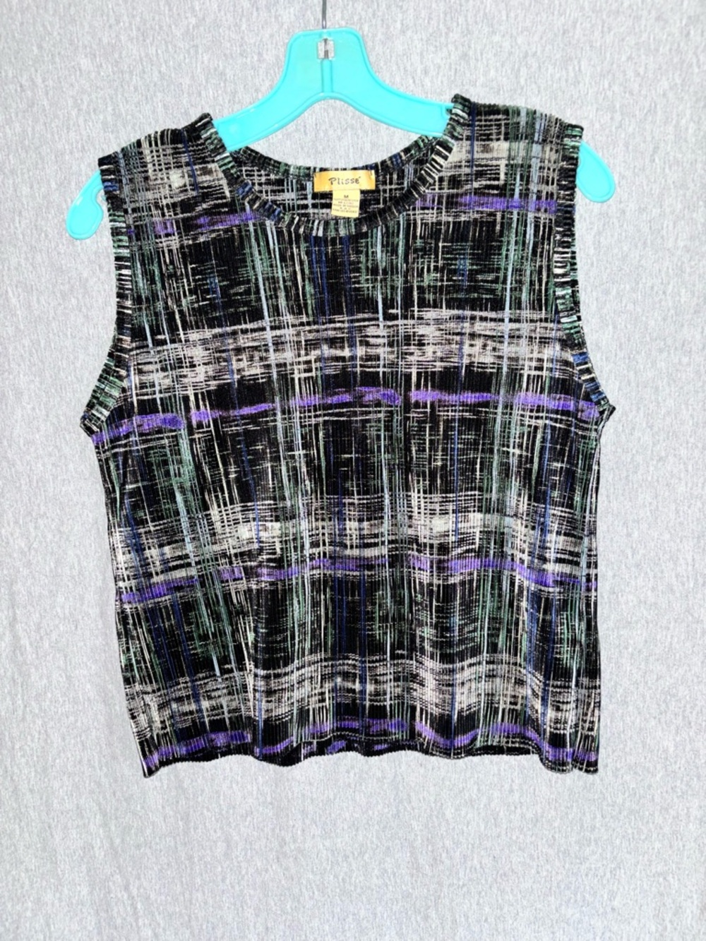 Pleated Sleeveless Tank Top by Plisse - Black with Purple & Green Accents